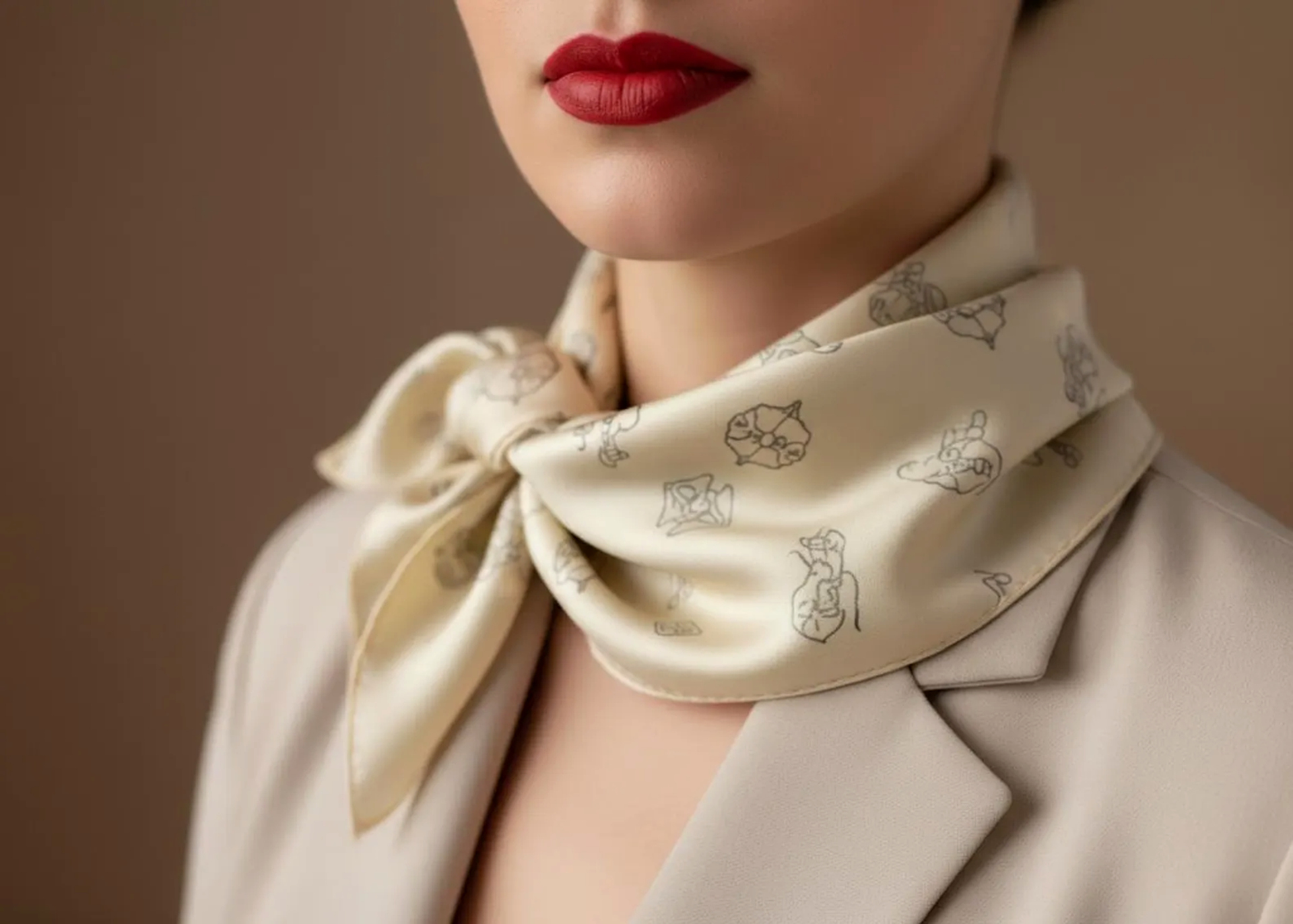 Luxury custom printed pure silk neck scarf tied elegantly with corporate logo pattern