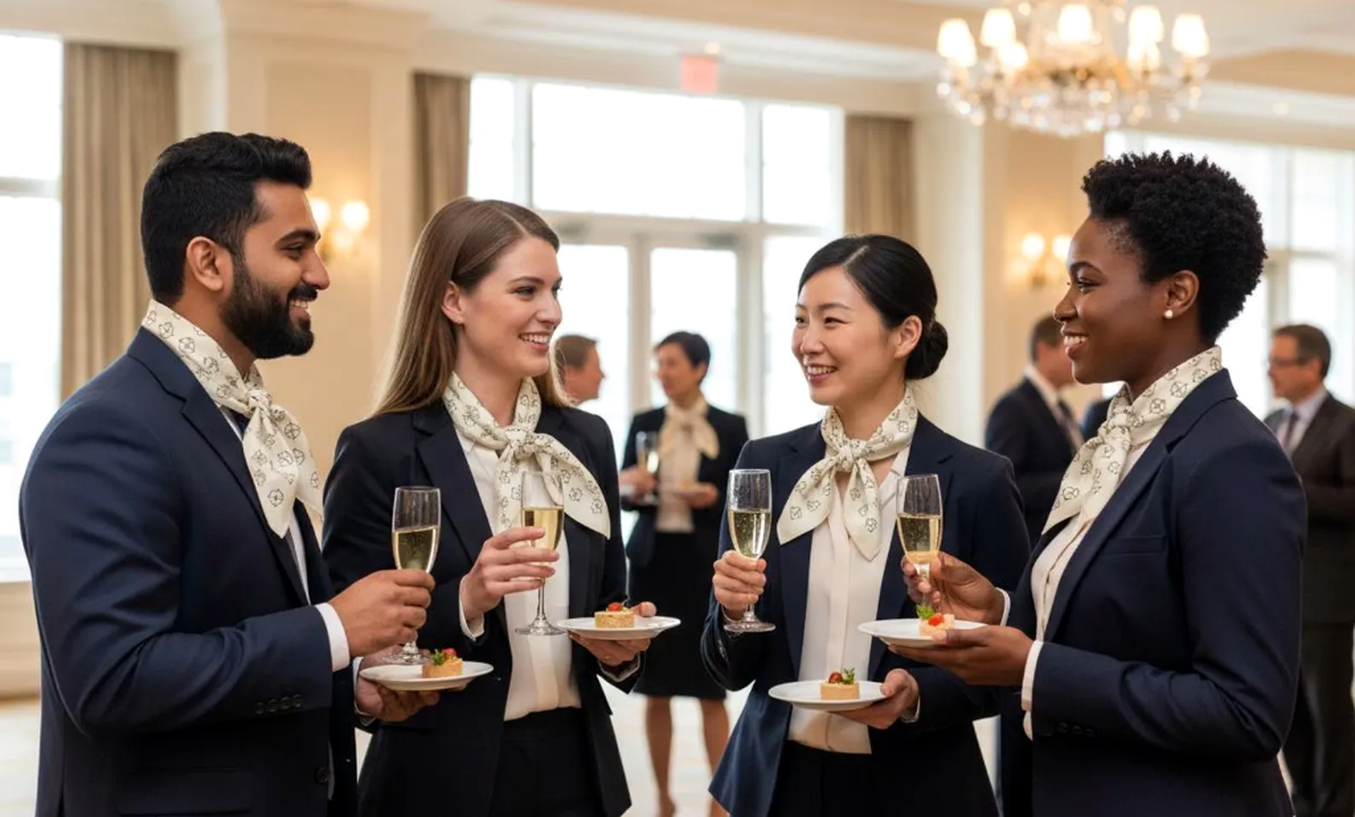 Corporate colleagues in navy blazers happily toasting champagne wearing matching custom logo silk scarves