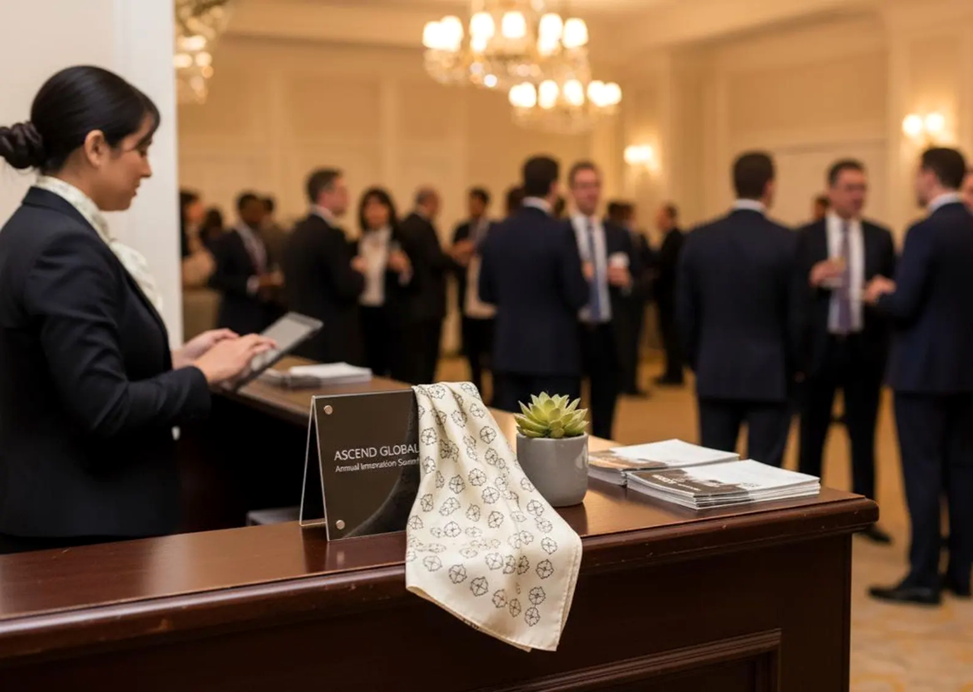Corporate event reception desk displaying custom logo silk scarf at Ascend Global Summit