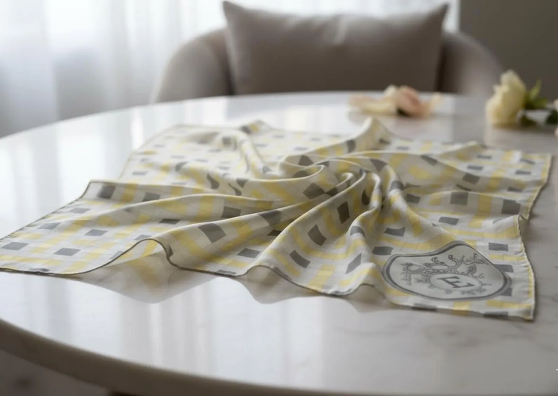 Bespoke geometric logo silk scarf custom printed on pure silk habotai