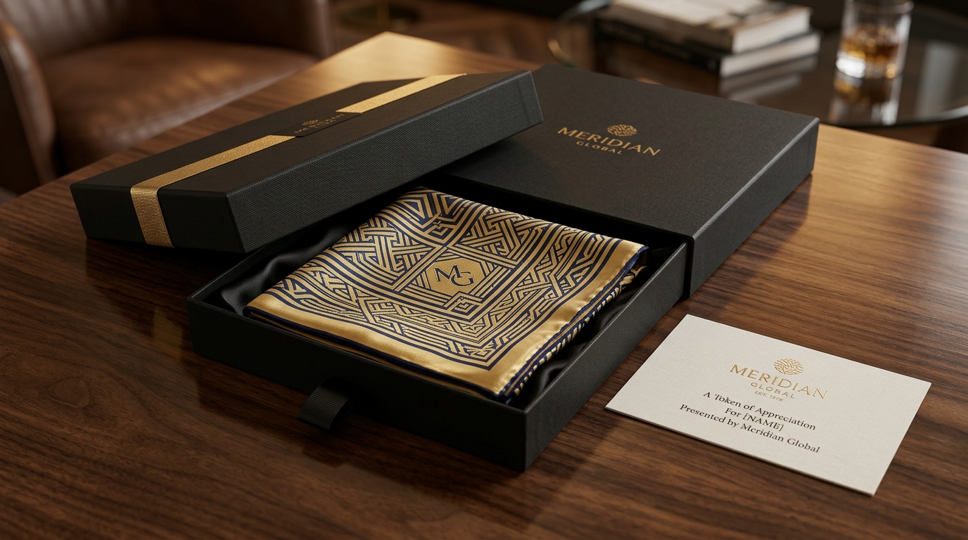 Corporate anniversary milestone commemorative silk scarf and gold gift packaging