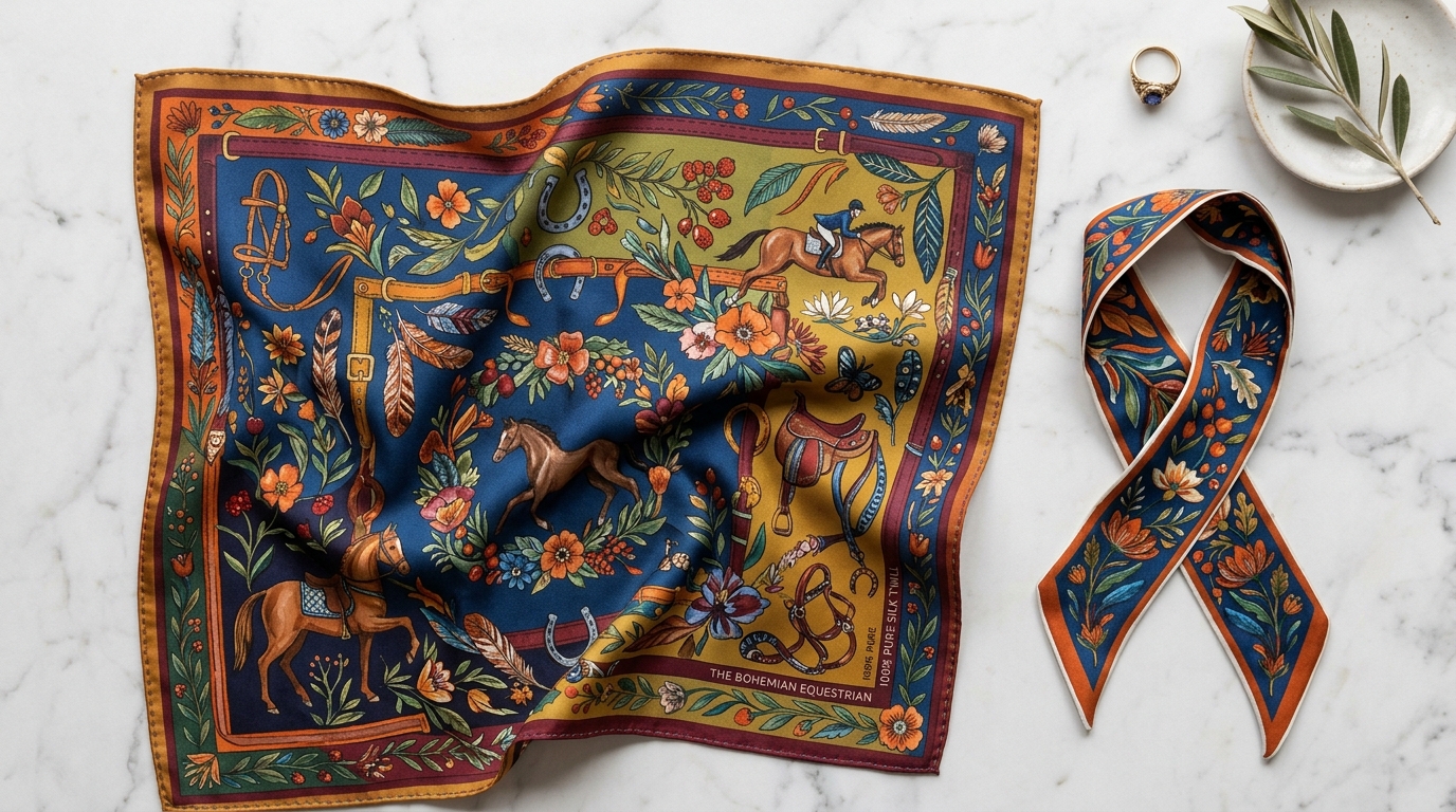 Artisan flat lay of custom printed 100% silk twill bandanas with hand-rolled hems