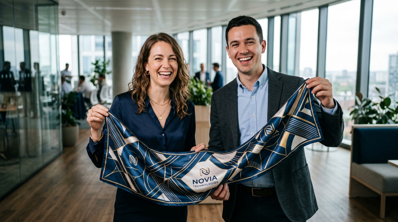 Delighted coworkers proudly displaying their bespoke corporate silk scarf with custom company logo