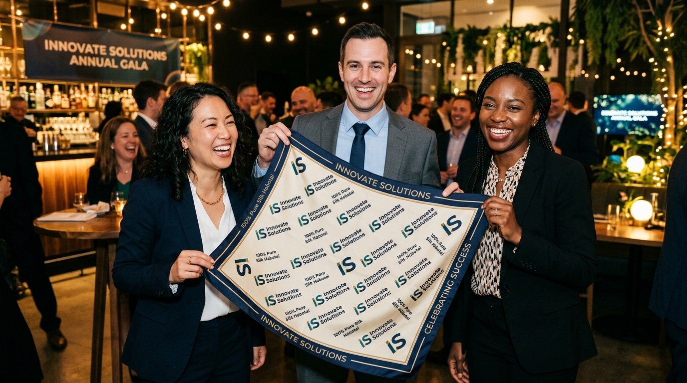 Corporate team proudly holding up their custom printed silk logo scarf at an annual gala