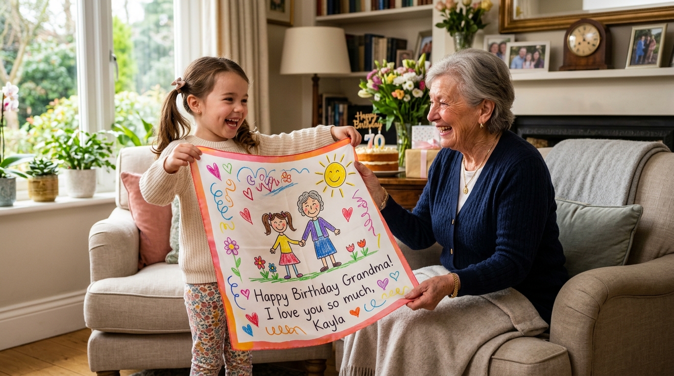 Little girl Kayla joyfully giving her grandmother a custom silk scarf gift with her hand-drawn art: Happy Birthday Grandma! I love you so much, Kayla