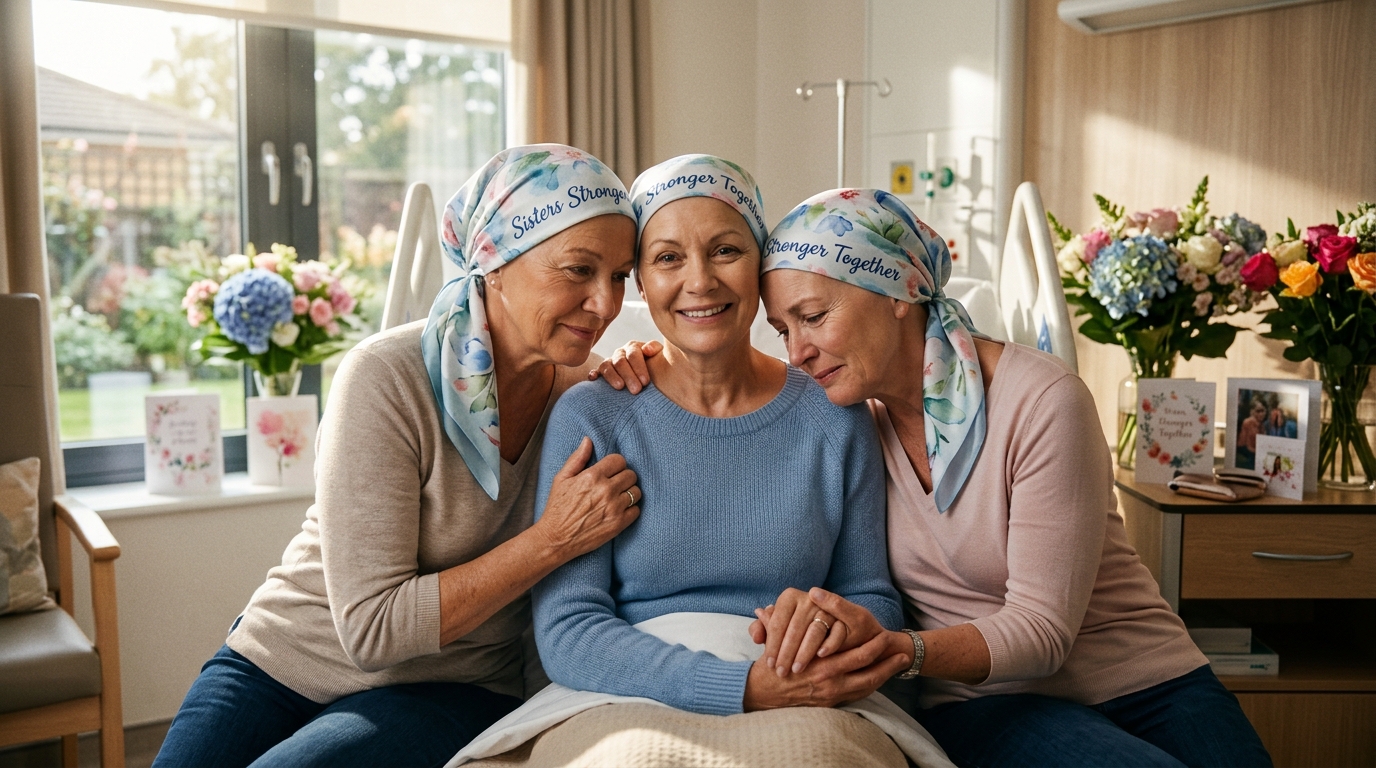 Three loving sisters in their 50s embracing in hospital wearing matching custom silk head scarves that say Sisters Stronger Together supporting their sister with cancer