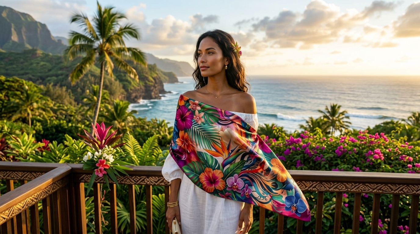 Woman in white off-shoulder dress wearing a vibrant tropical floral silk scarf overlooking panoramic ocean cliffs