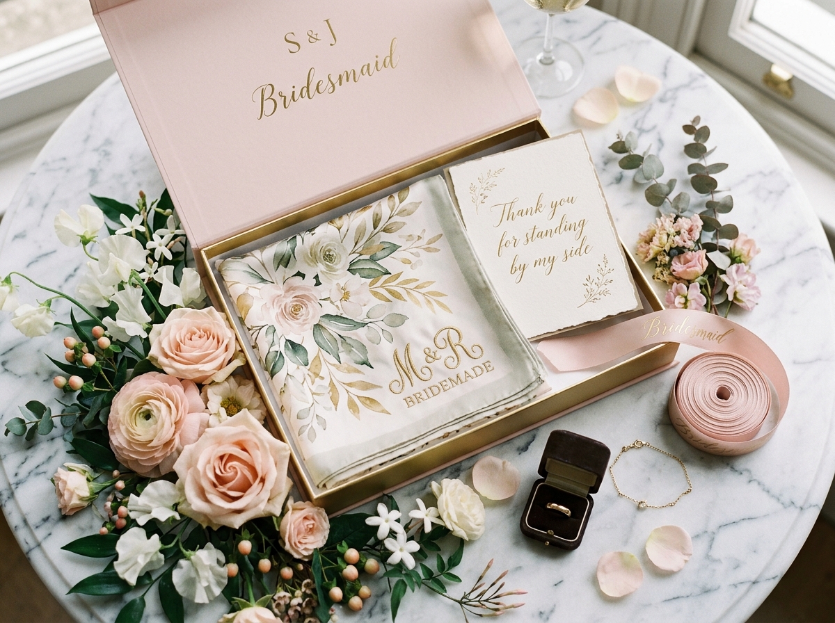 Luxury bridesmaid proposal gift box featuring bespoke custom pure silk scarves and personalized stationery