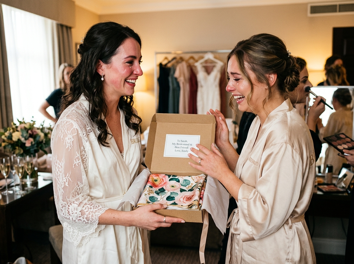 Emotional bride gifting custom pure silk scarf in proposal box to her bridesmaid