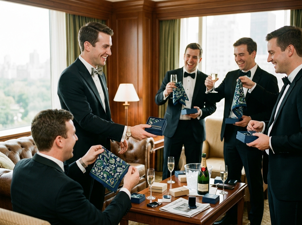 Groomsmen receiving custom monogrammed silk pocket squares