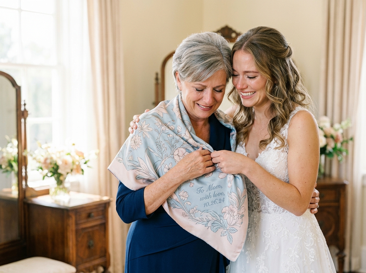 Bride draping sentiment silk scarf on mother