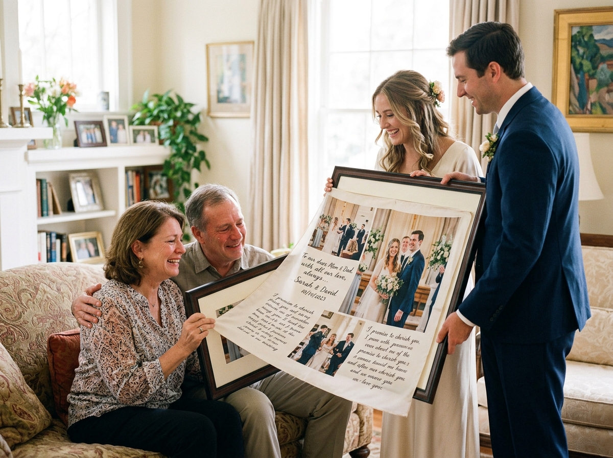 Newlyweds gifting parents framed photo memory silk scarf