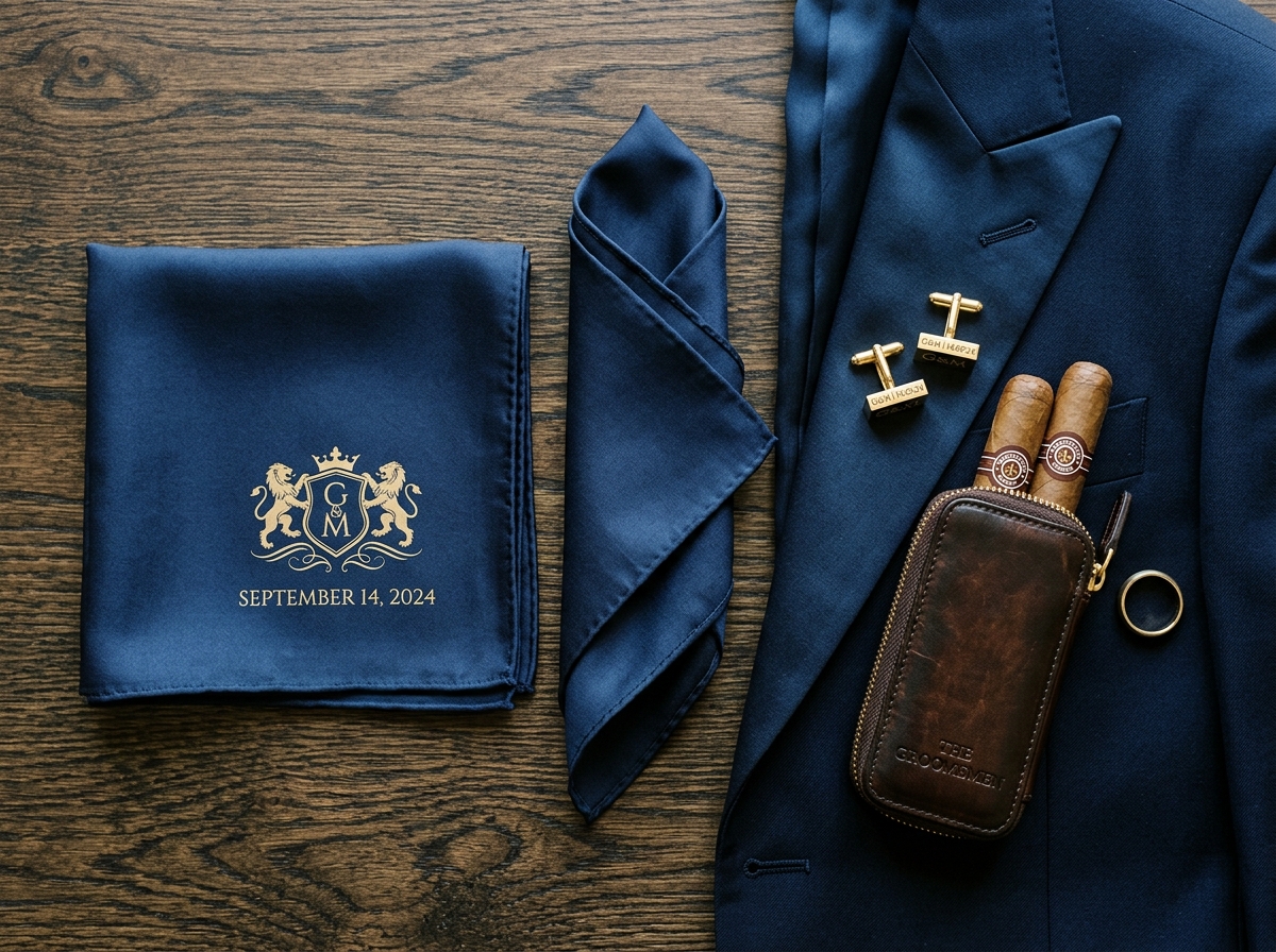 Groomsmen black-tie 100% pure silk pocket square gift suite printed with couple's monogram crest and wedding date