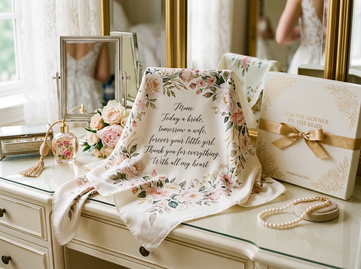 Bespoke Mother of the Bride sentiment wrap printed with personal handwritten vows and appreciation message