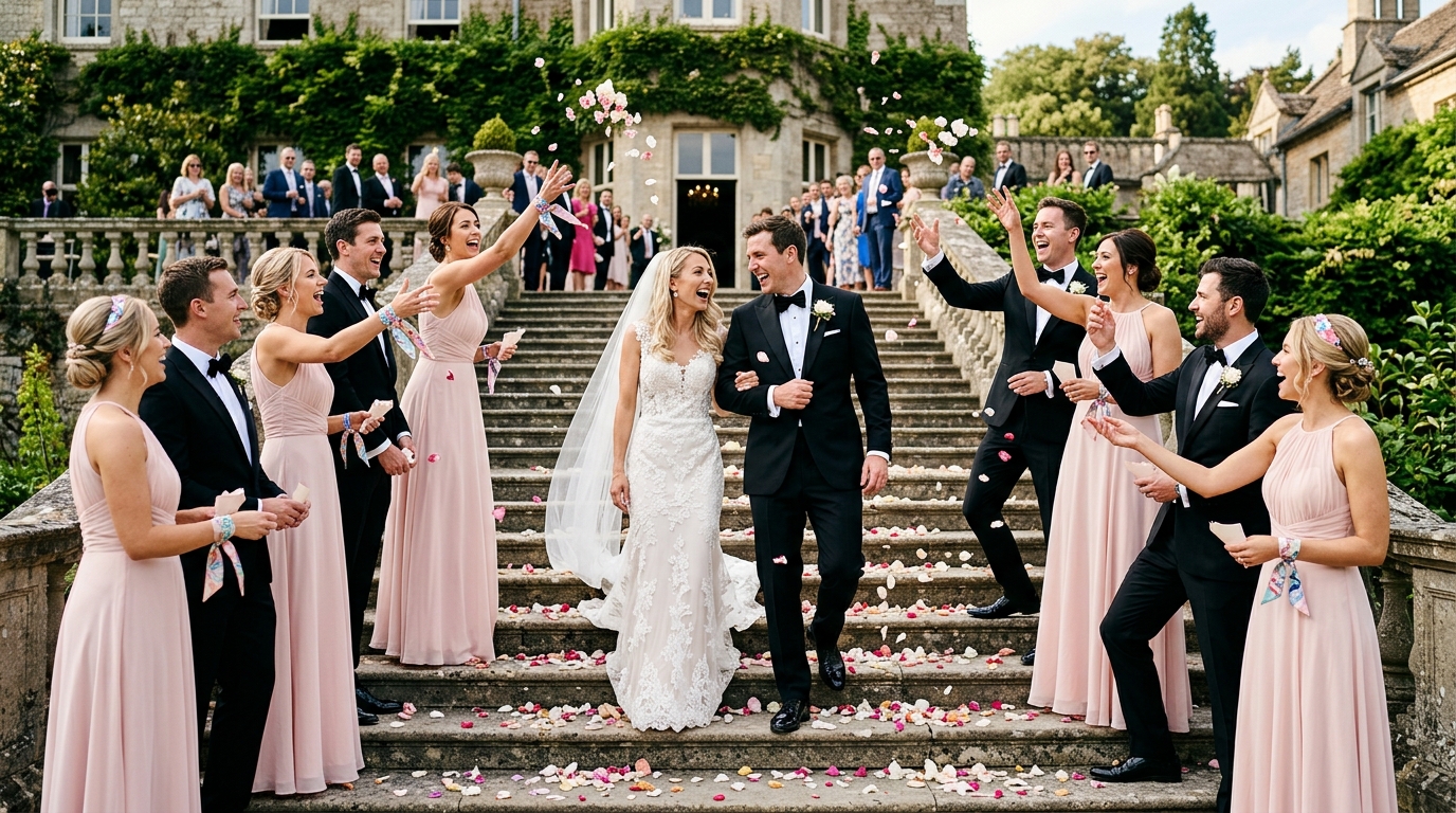 Lively wedding party tossing rose petals with custom silk wraps