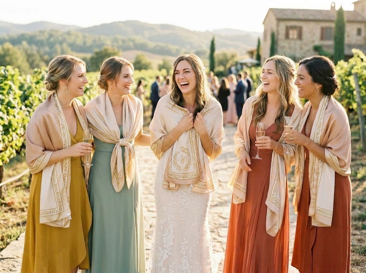 Overjoyed bride laughing as bridesmaids surprise her with matching custom pure silk scarves celebrating the bride and groom