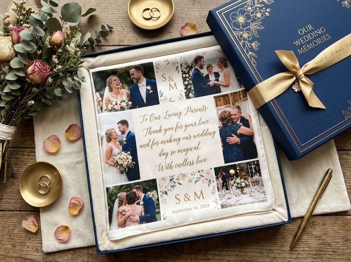 Heirloom post-wedding photo memory keepsake scarf with couple's ceremony portraits and custom vows printed on pure Mulberry silk