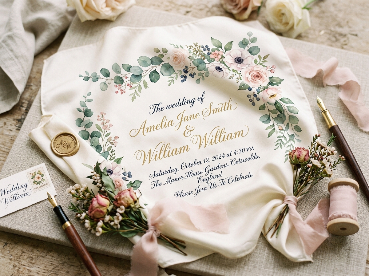 Wearable pure silk wedding invitation and save-the-date keepsake printed with calligraphy script and botanical wreath